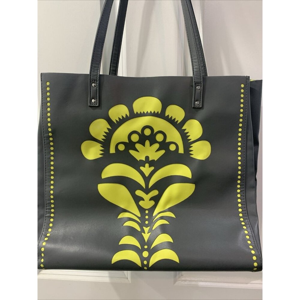 Vera Bradley Tote Bag Purse Vinyl Laser Cut "Flower Shower" Gray & Yellow - Picture 2 of 9